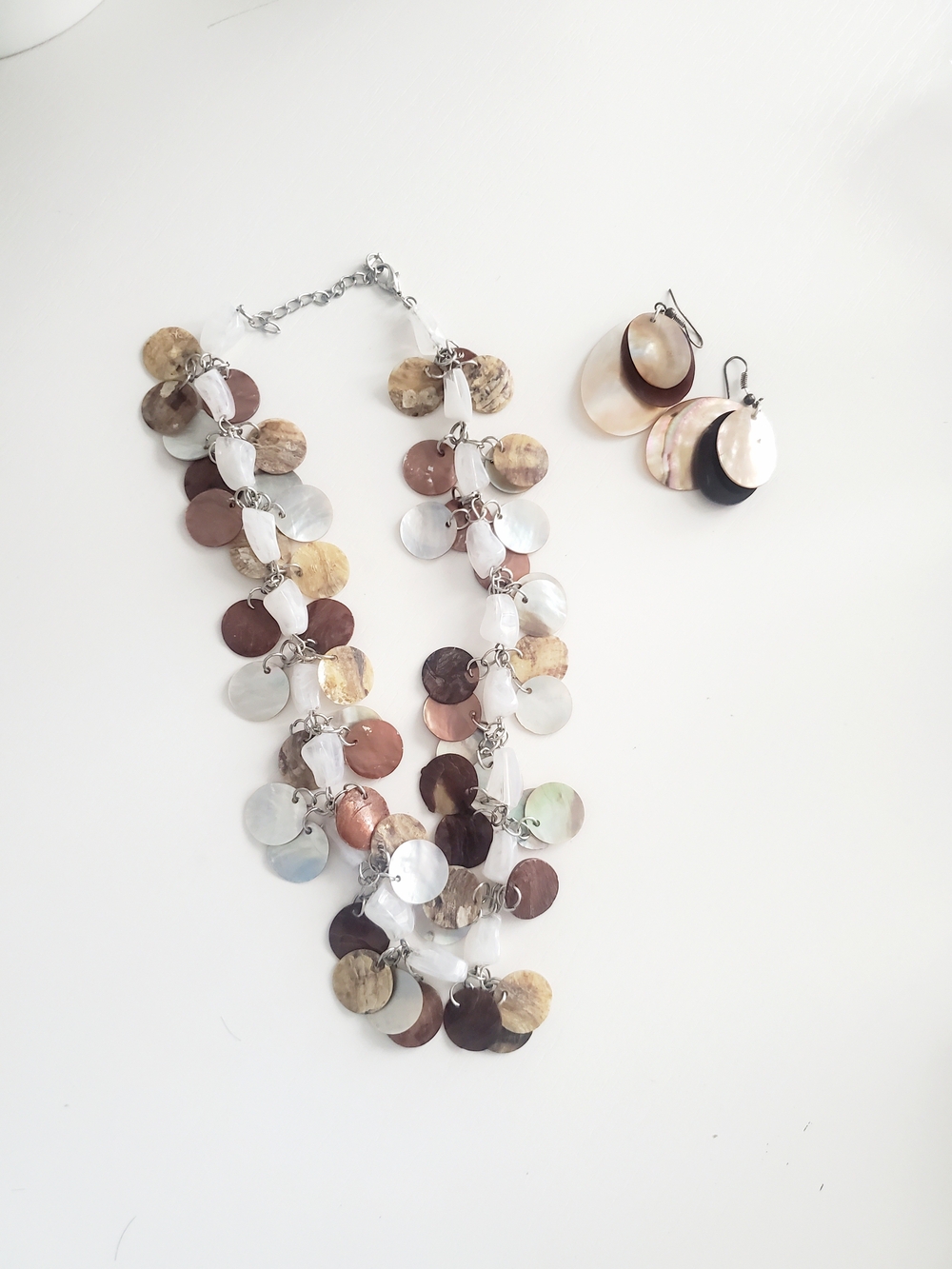 Multi-Tone Shell Disc Statement Necklace and Earrings Set